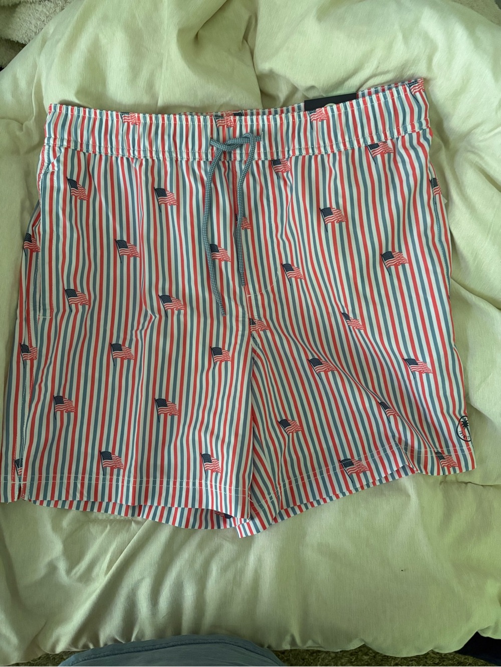 Trinity Coast Red, White & Blue Striped Swim Trunks